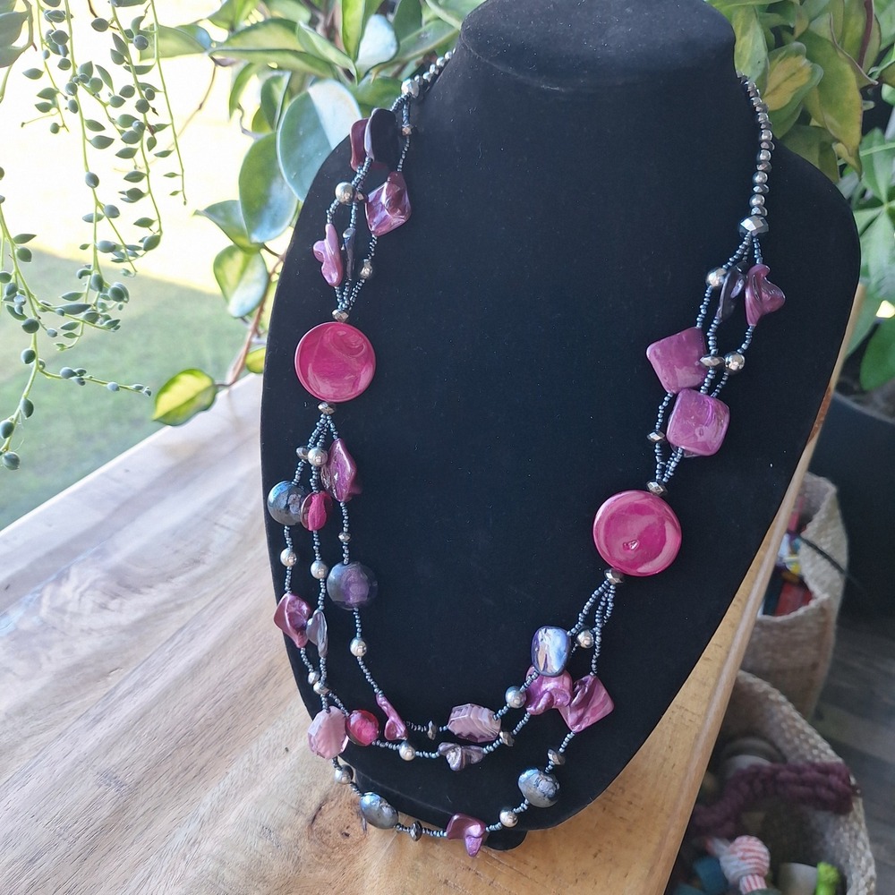 Layered Beaded Necklace Pink Purple Shell Beads Silver Tone Chain Extender